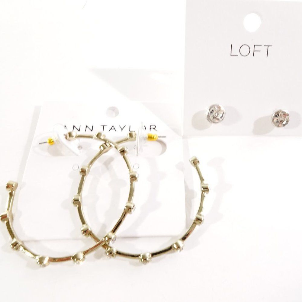 Ann Taylor  Gold Crystal Hoop Earrings  NWT $39.5 Clear Stud Earrings NWT 29
